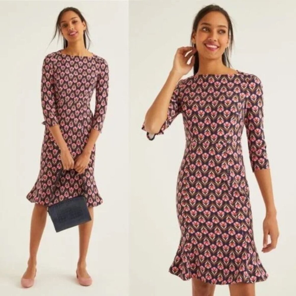 Boden Pink and Black Geo-Print Midi Dress